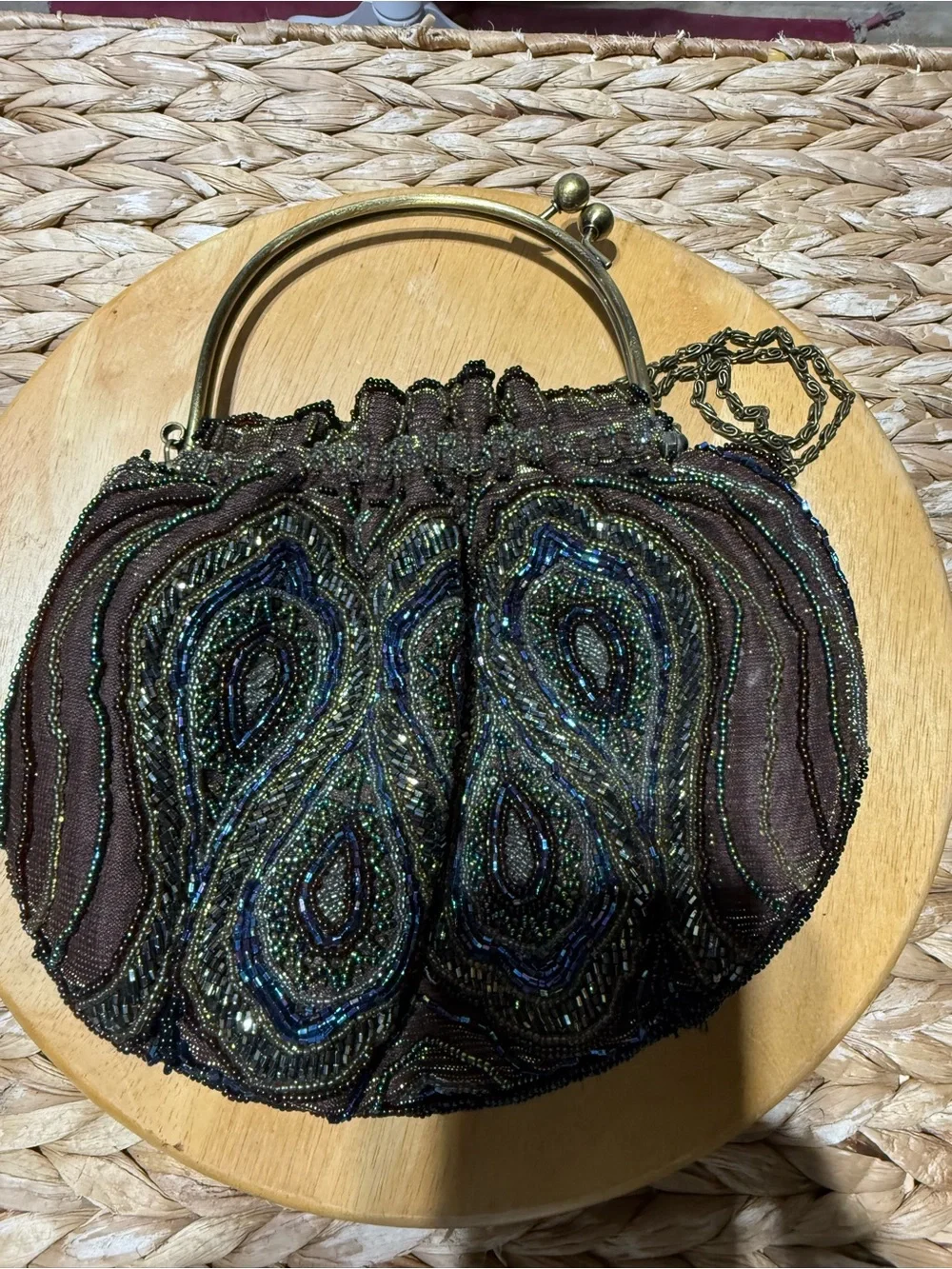 Beaded Evening Handbag in Brown with Blue-Green Accents